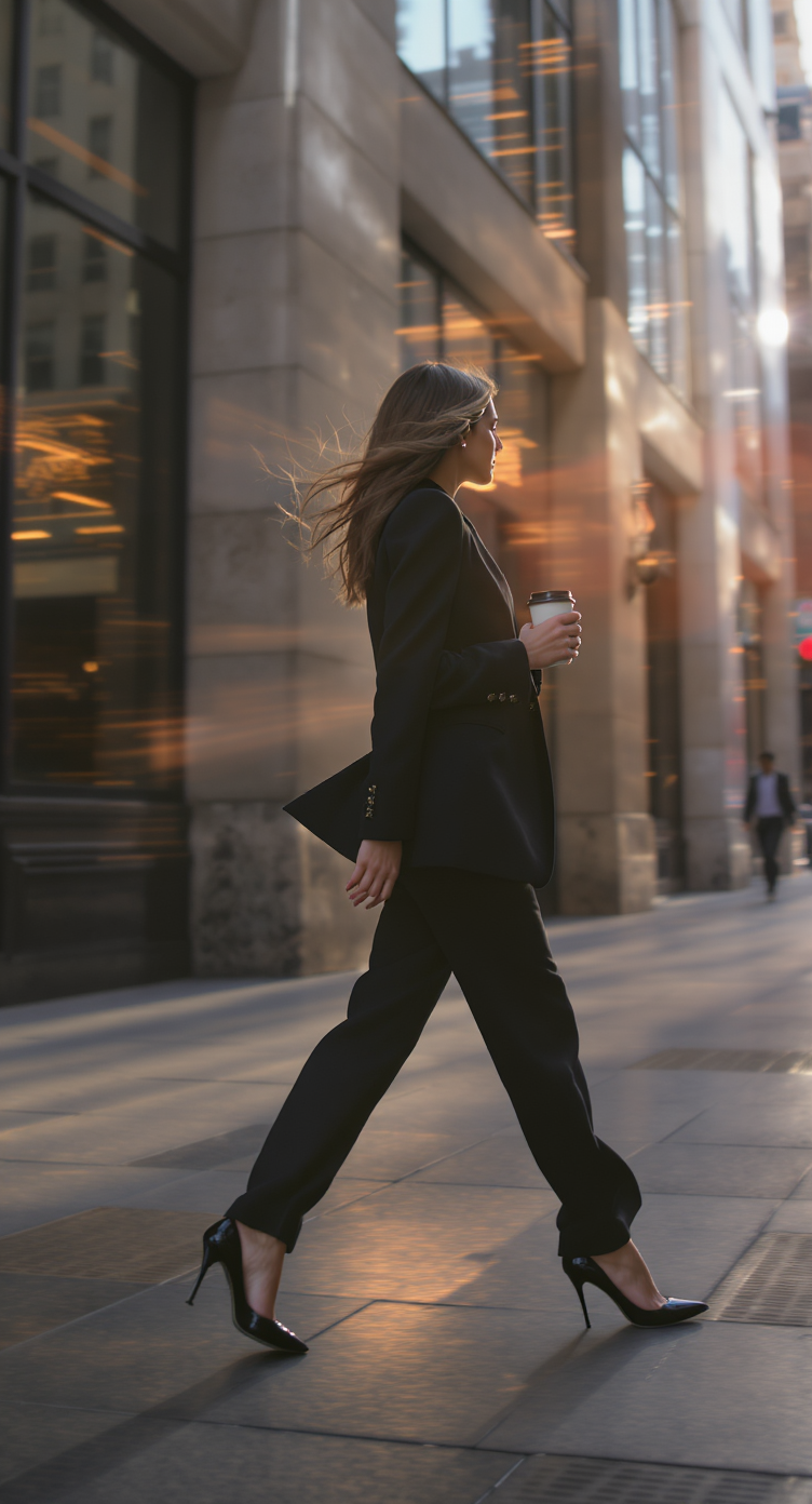 Elegant Woman in Black Suit Walking in Urban Street at Sunset